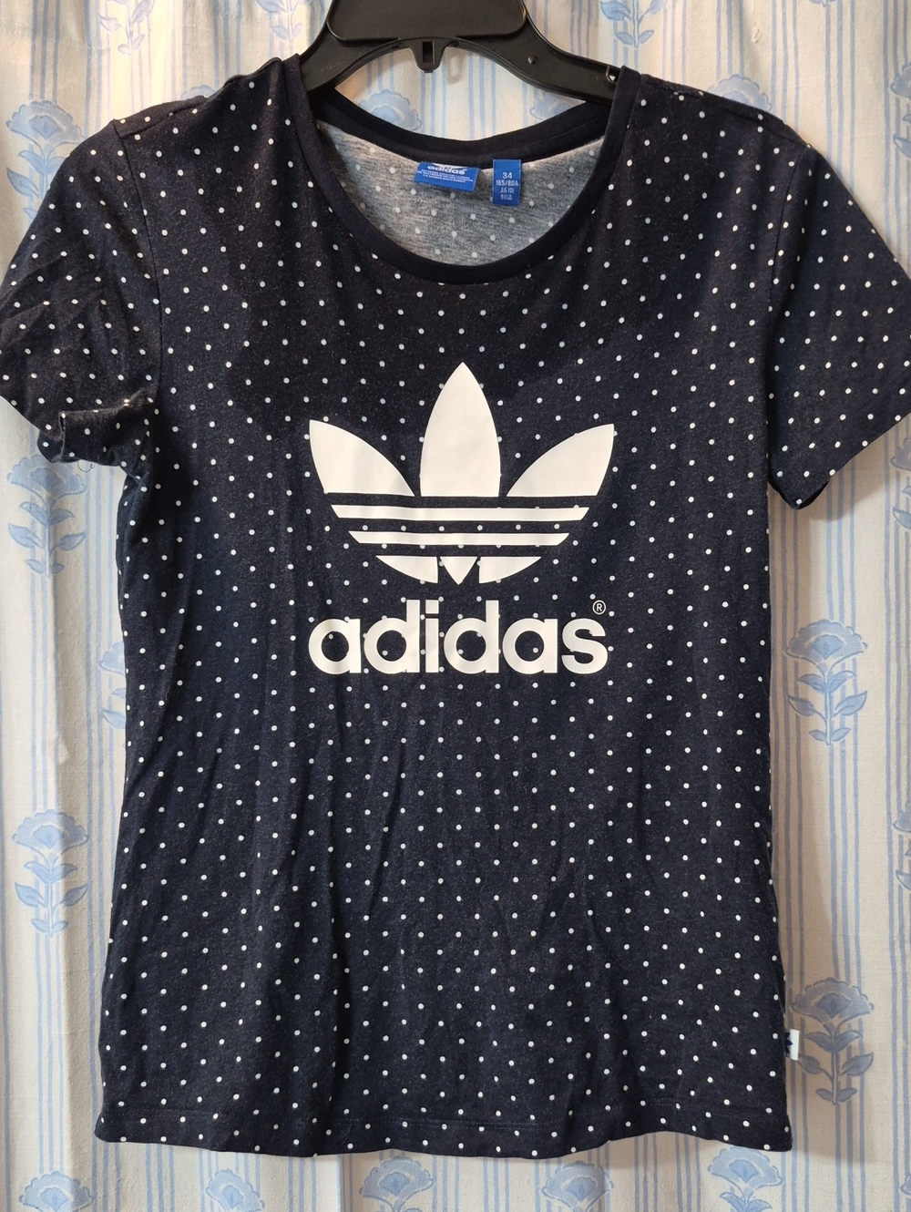 Adidas Originals Nav White Polka Dots Trefoil Tee Shirt Sz 34 XS